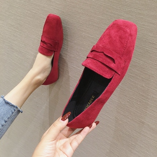 新款 绒K面方头平跟平底单鞋 时尚 子大码 黑红 女鞋 欧美风2021春秋季