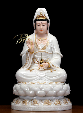 热销圆通佛具汉白玉观音佛像供奉家用娑婆三圣坐像摆件镶金观世音