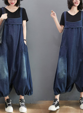 牛仔背带裤女2021夏装新款胖妹妹韩版大码宽松时尚灯笼阔腿连体裤