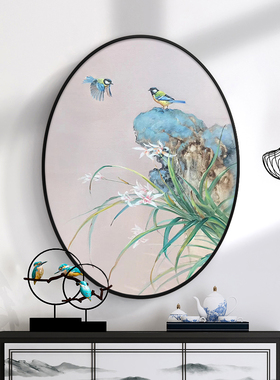 清新椭圆蓝色手绘花鸟枇杷油画新中式客厅餐厅卧T室玄关圆形装饰