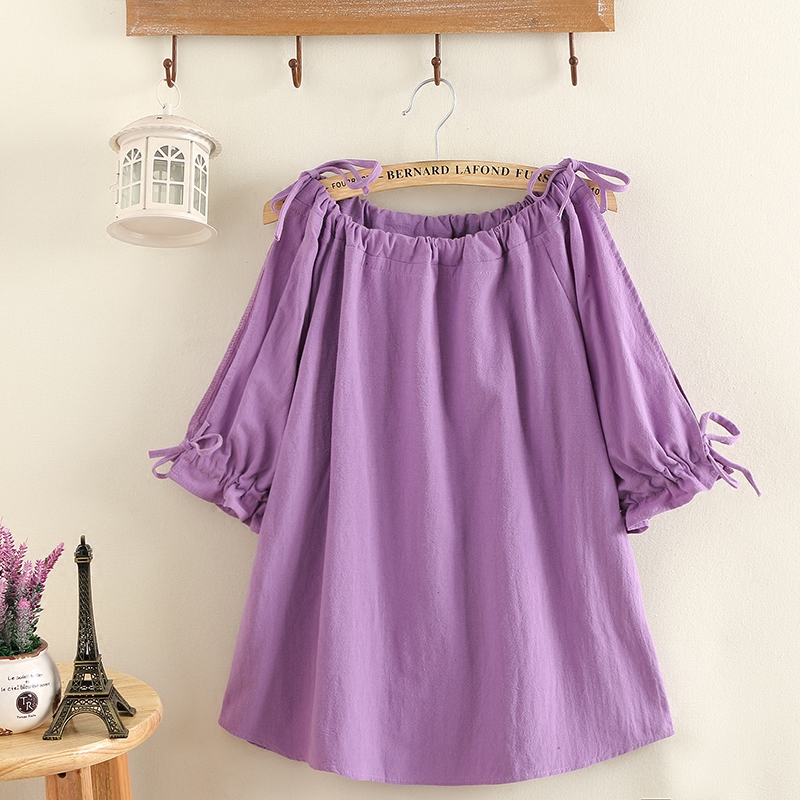 加大码女装2021胖妹妹夏装新款棉麻宽松中袖T恤女肥mm一字肩上衣