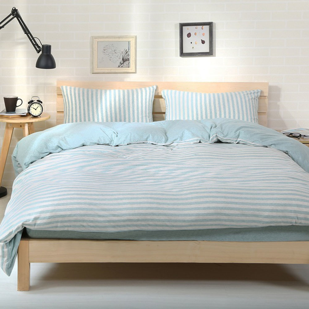 天竺棉床上床笠四件套纯棉日式全棉裸睡简约条纹双人1.5m 1.8米床