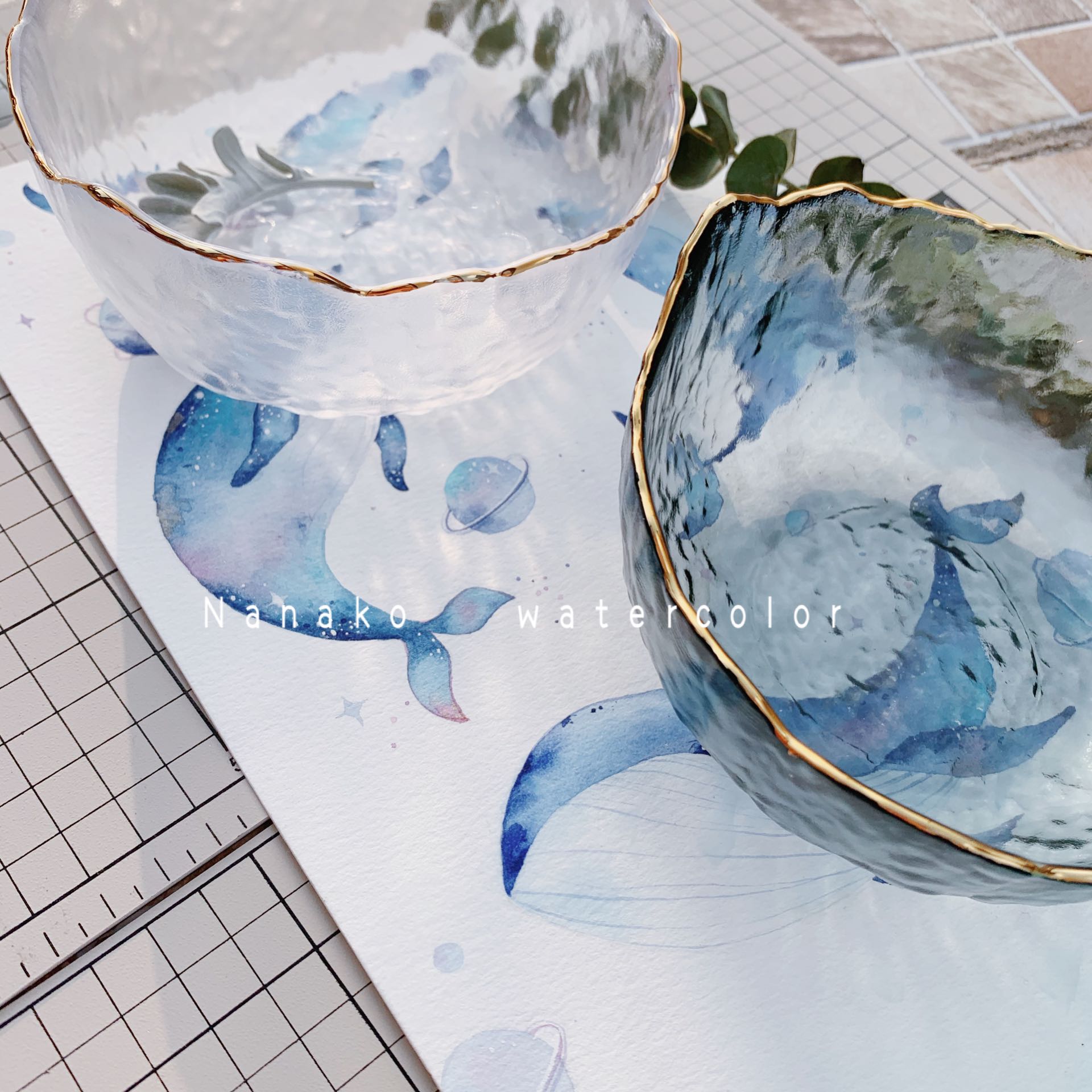 金边透明玻璃笔洗  日式纯手工锤目纹 玻璃水彩绘画笔洗 洗笔筒