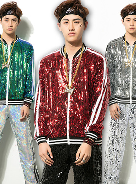 新款舞台装男款嘻k哈街舞jazz爵士服DS舞蹈服演出服装闪亮片外套