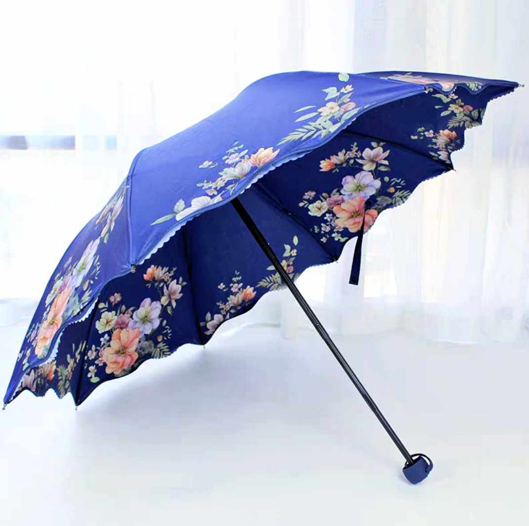 伞晴雨两用太阳伞女款双层防紫外线E黑胶防晒三折波浪边韩版遮阳