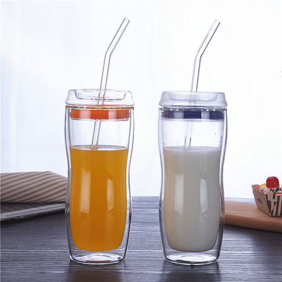 刻度玻璃吸管杯成人隔热孕妇保温杯玻璃I杯产妇牛奶杯儿童创意水