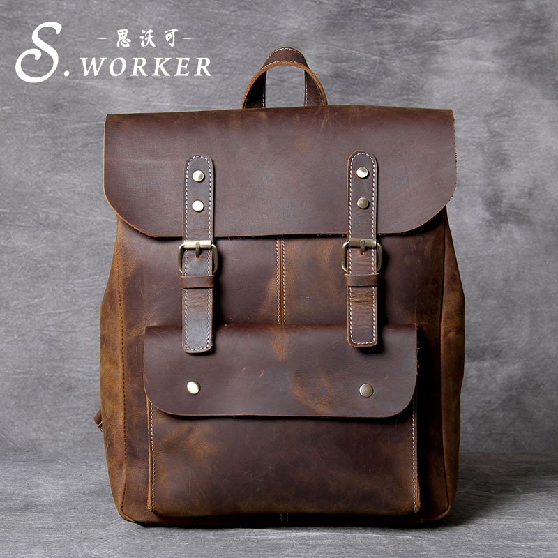 思沃可  头层牛皮个性学院风双肩背包复古真皮休闲书包男女疯马皮
