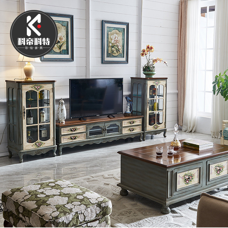 美式乡村电视柜组合现代简约实木酒柜客厅家具成套小户型茶几地柜