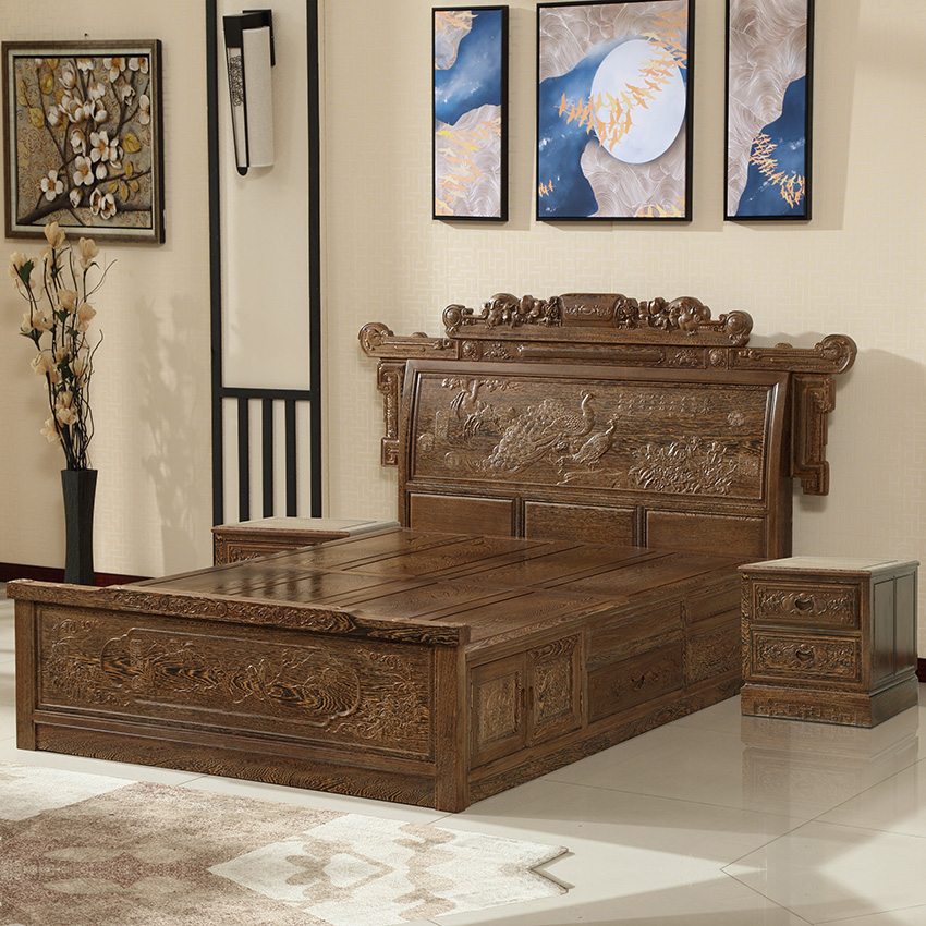 卧室红木家具鸡翅木床双人床1.8米储物床带抽屉床头柜仿古雕花床