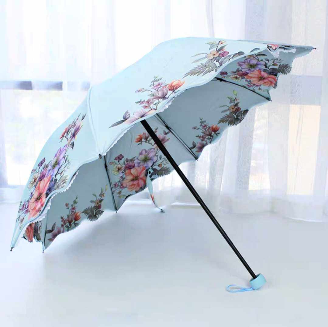 伞晴雨两用太阳伞女款双层防紫外线黑胶防晒三折T波浪边韩版遮阳