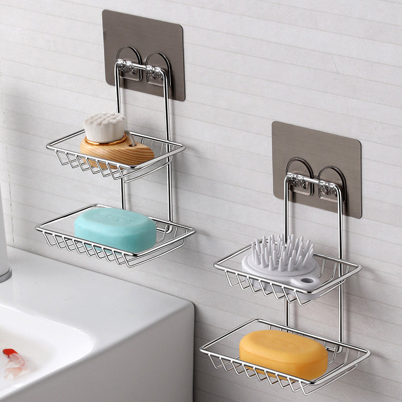 免打孔不锈钢双层肥皂盒吸盘式沥水卫生间壁挂式皂托肥皂架香皂盒