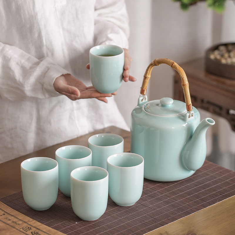 青瓷泡茶壶陶瓷1壶6杯家用竹提梁壶带水杯茶具大容量1L装兰花水壶