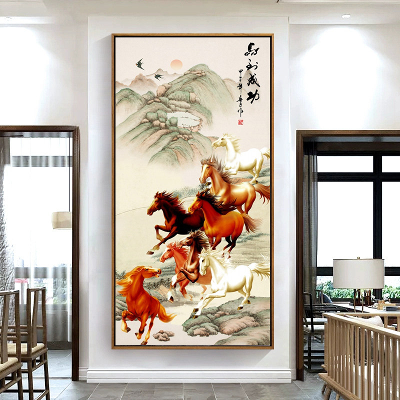 入户玄关画竖版马到成功国画万马奔腾画八马图挂画