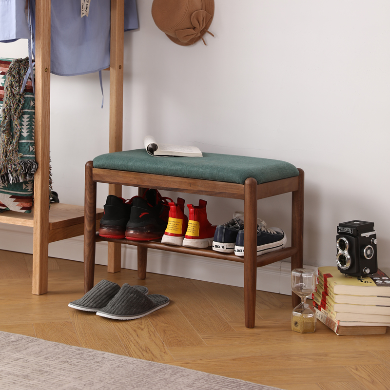 实木换鞋凳黑胡桃木矮凳长条收纳凳白橡木家用门口双层穿鞋脚踏凳