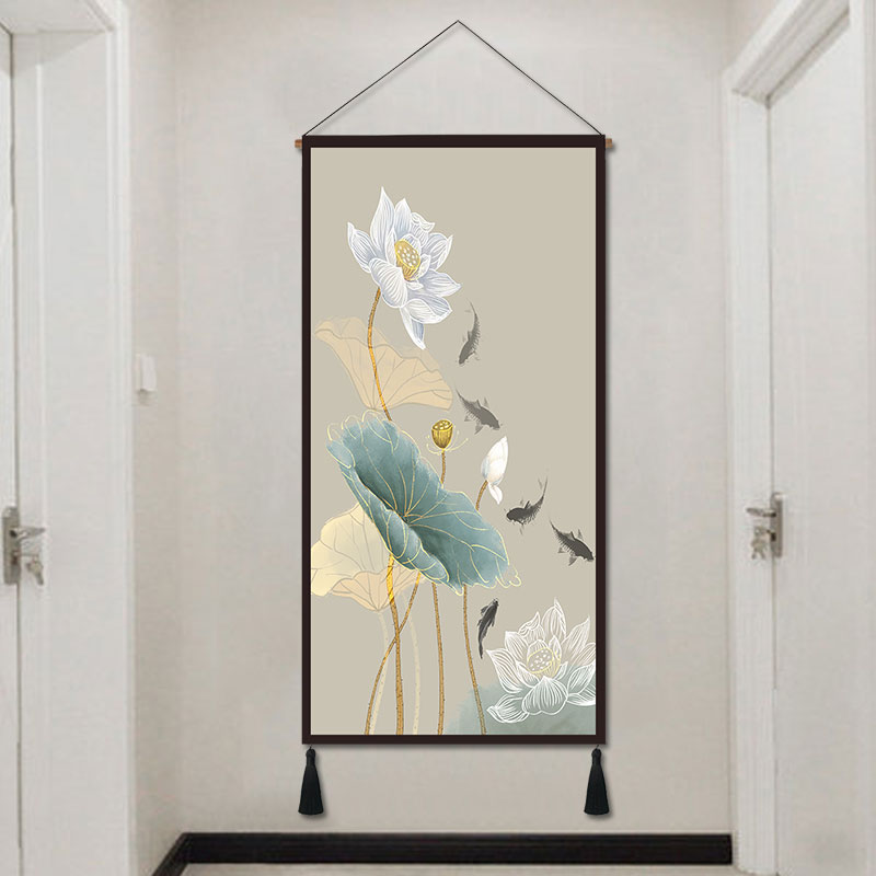 玄关装饰画荷花新中式布艺挂画现代客厅书房挂毯床头壁画竖中国风图片
