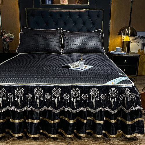 夏季新款乳胶床裙款冰丝凉席三件套可水机洗黑色蕾丝花边床罩防滑