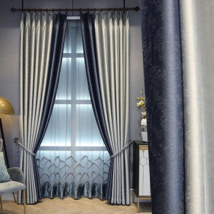 蓝灰色拼接现代轻奢新中式 艾瑞克 遮光卧室客P厅书房阳台落地窗帘