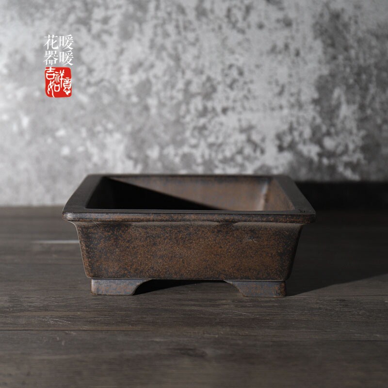 宜兴紫砂花盆 古铜泥款 正方盆 手工花盆 桌面盆景盆