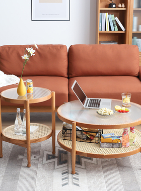 管木匠藤编茶几北欧简约设计实木小圆桌小户型客厅圆形玻璃组合