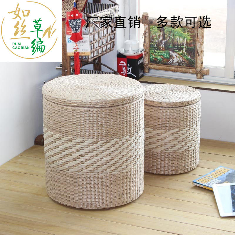 包邮手工草编圆形收o纳凳子储物凳田园实木可坐人换鞋凳搁脚凳大