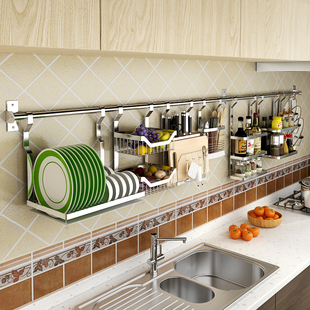 免打孔304不锈钢厨房置物架壁挂式 沥H水碗架刀架调料收纳锅盖架子