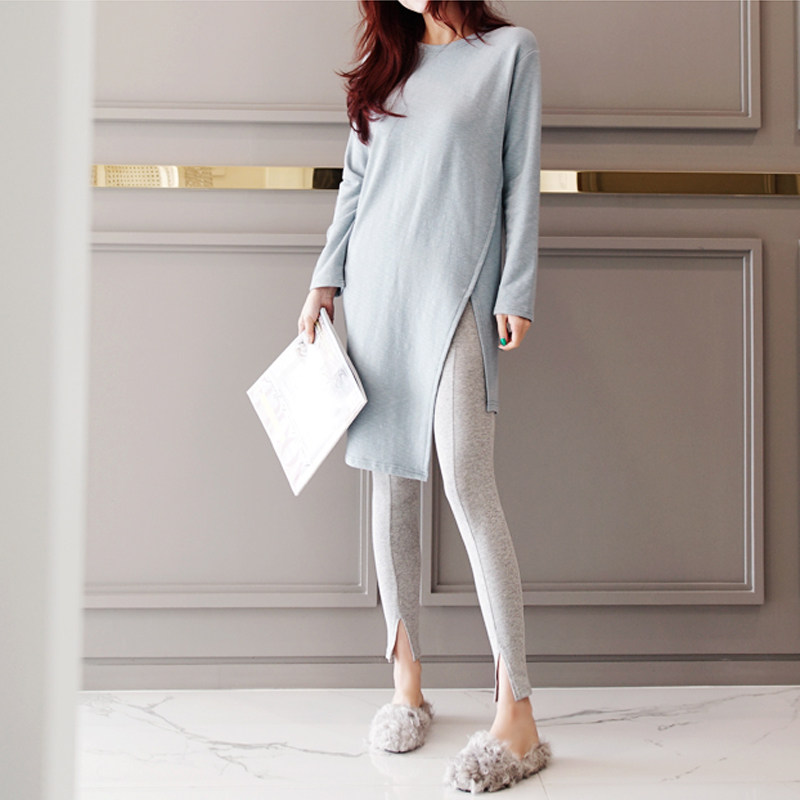 中长款长袖t恤女宽松2021春秋新款卫衣纯棉开叉打底衫修身上衣潮