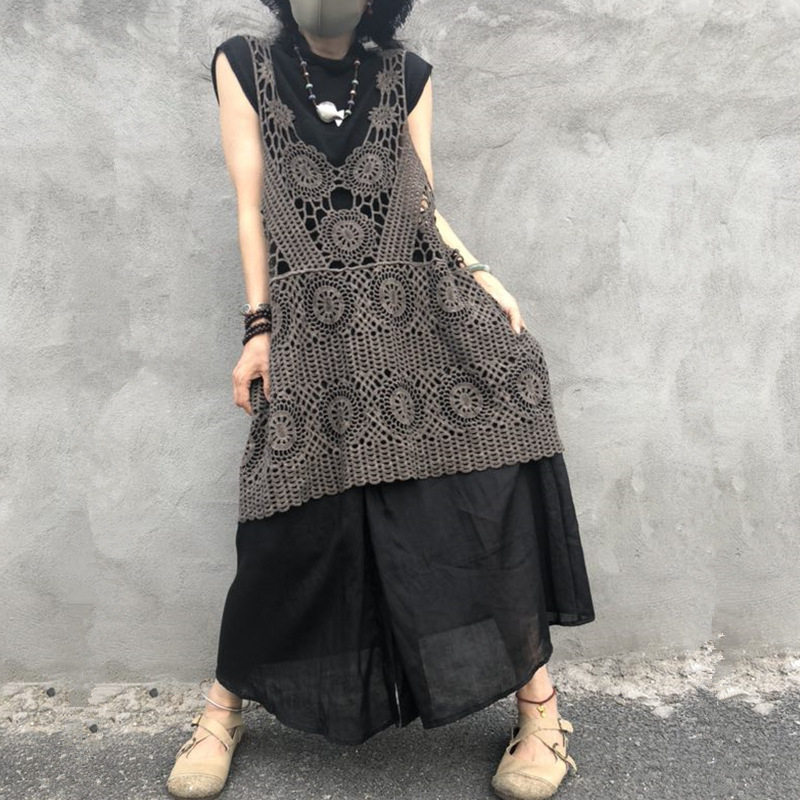 夏秋镂空女钩花外搭无袖针织长款A蕾丝背心卡其色吊带百搭罩衫马