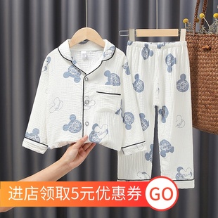 家居 套装 男童纯棉纱布f睡衣2020儿童正太双层棉纱女童薄款 长短袖