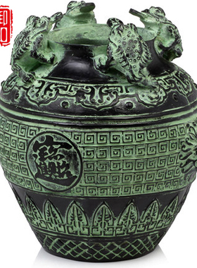 青铜器 金蟾狮头坛 财宝罐招财旺财工艺品储钱罐存钱罐圆罐鼎