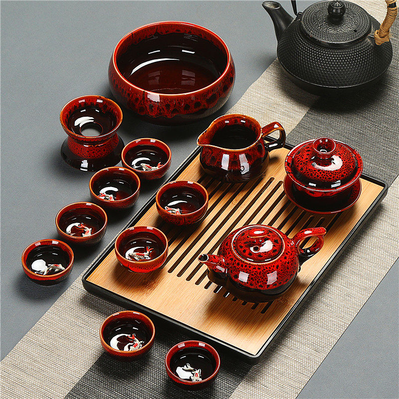 陶瓷功夫茶具套装浮雕p鱼茶杯茶壶盖碗茶洗茶盘茶海整套简约家用