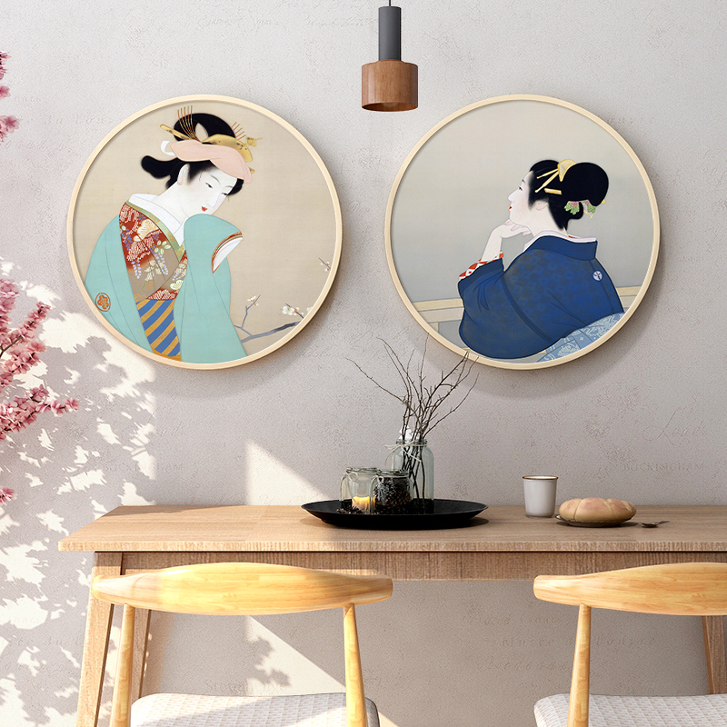 日式浮世绘美人图装饰画日系圆形仕女餐厅居酒V屋挂画玄关壁画图片