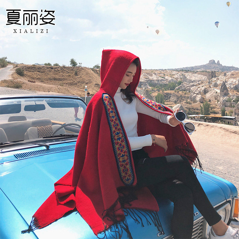 民族风披b肩斗篷围巾女冬季西藏丽江青海旅游拍照带帽披风加厚秋