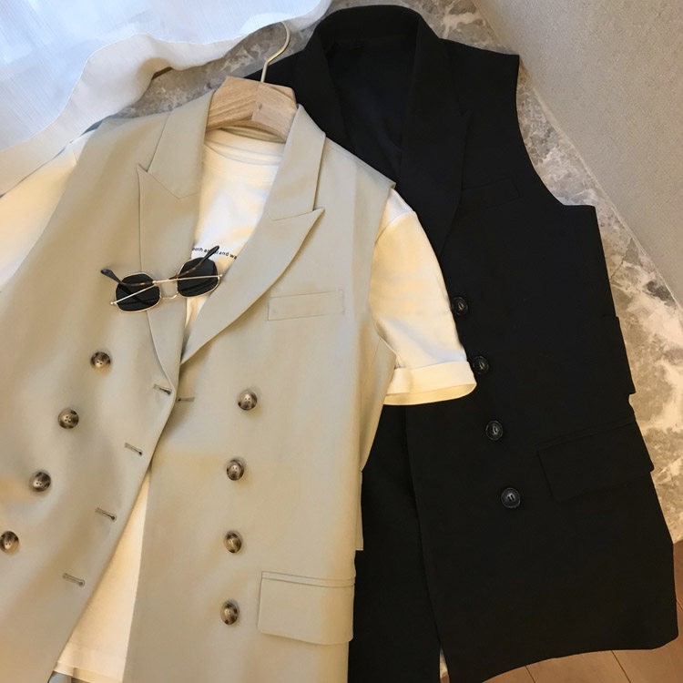 高阶精英!时髦气质出众~双排扣西装马甲外套+短裤两件套装女夏季