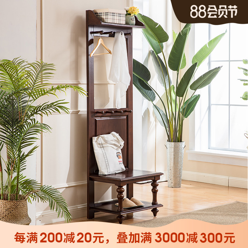 美式衣帽架实木落地置物架挂w衣架摆鞋架简约乡村风格带换鞋凳功