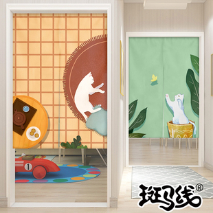 卡通猫咪布d艺门帘隔断帘家用卧室厨房卫生间布帘子遮挡简易免打