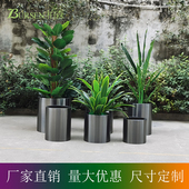 酒店花器 黑金 写字楼租摆 套盆 圆柱 圆筒 室内盆栽 不锈钢花盆