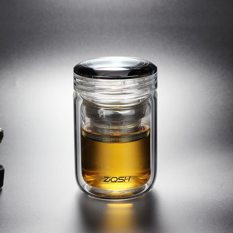 水晶玻璃盖双层玻璃杯加厚圆润水杯子带滤网泡茶办公便携矮胖