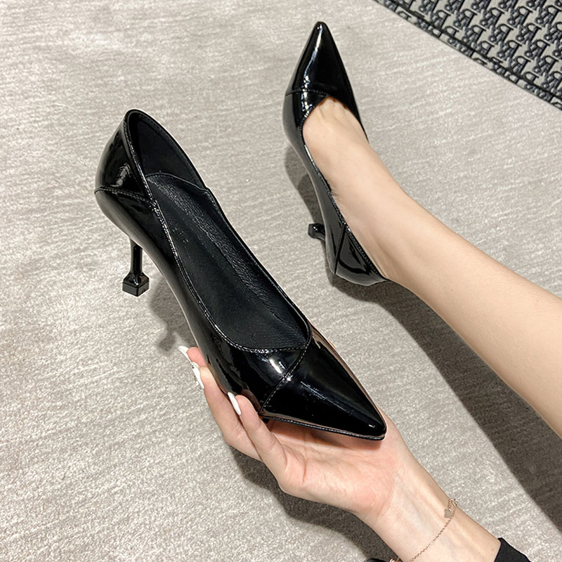 黑色职业工作高i跟鞋女春季2025新款猫跟漆皮气质尖头裸色细跟单