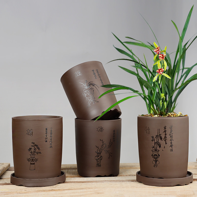 花盆带托盘兰花专用透气陶土盆蝴蝶兰盆栽复古紫砂红陶简约吊兰盆