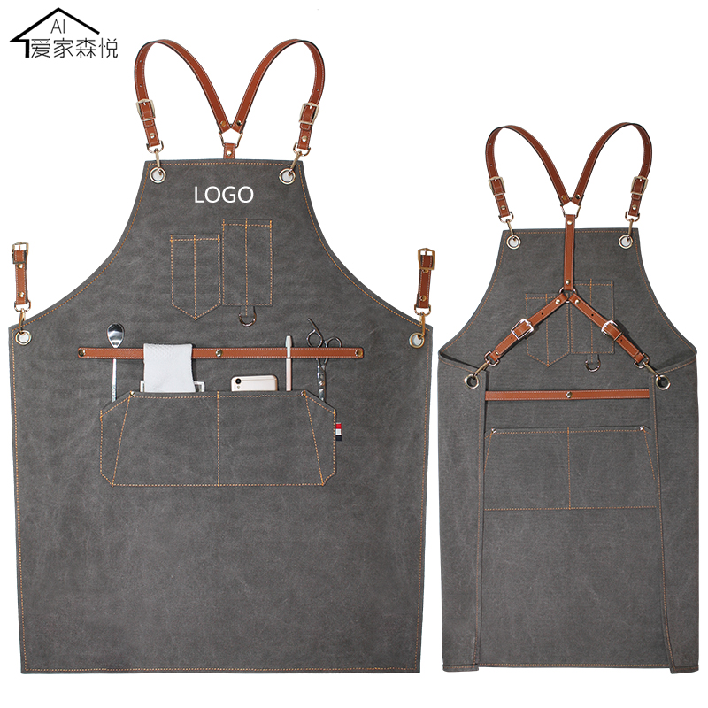 牛仔围裙2021年新款定制logo印字理发店发型咖啡师男工作服罩衣女