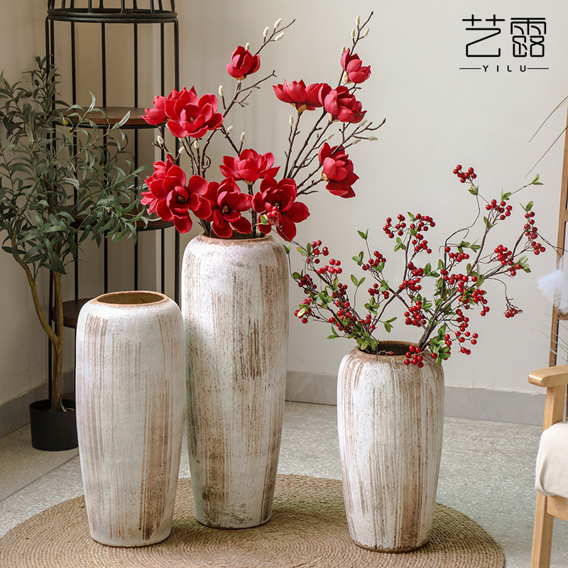 民宿客厅陶瓷枯木大花瓶侘寂赤贫风陶罐水培复古陶瓷落地花艺