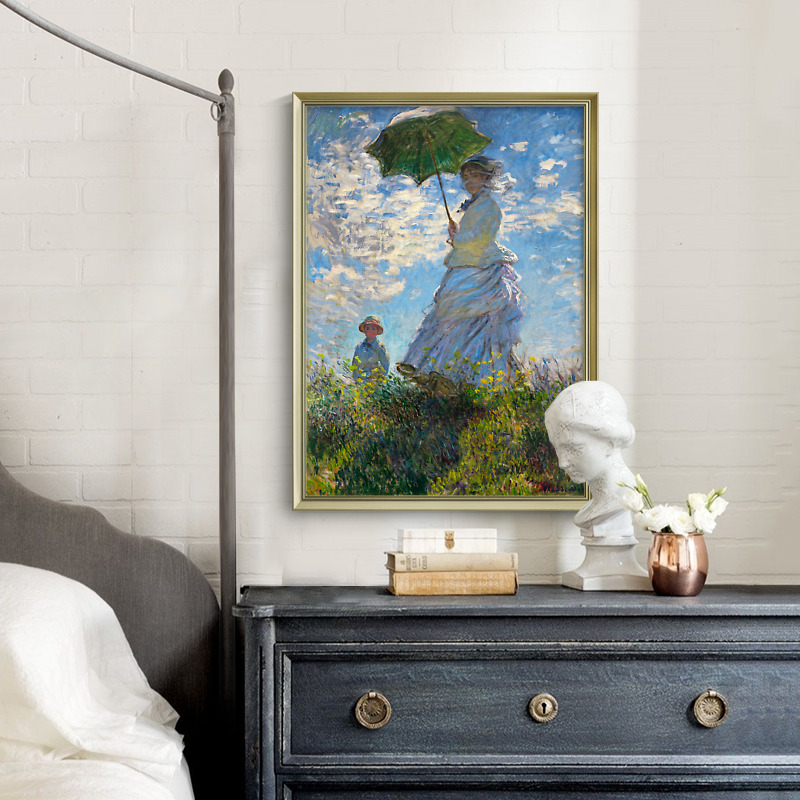 上品印画 莫奈撑阳伞的女人 欧式餐桌客厅餐厅挂画装饰画墙壁画框