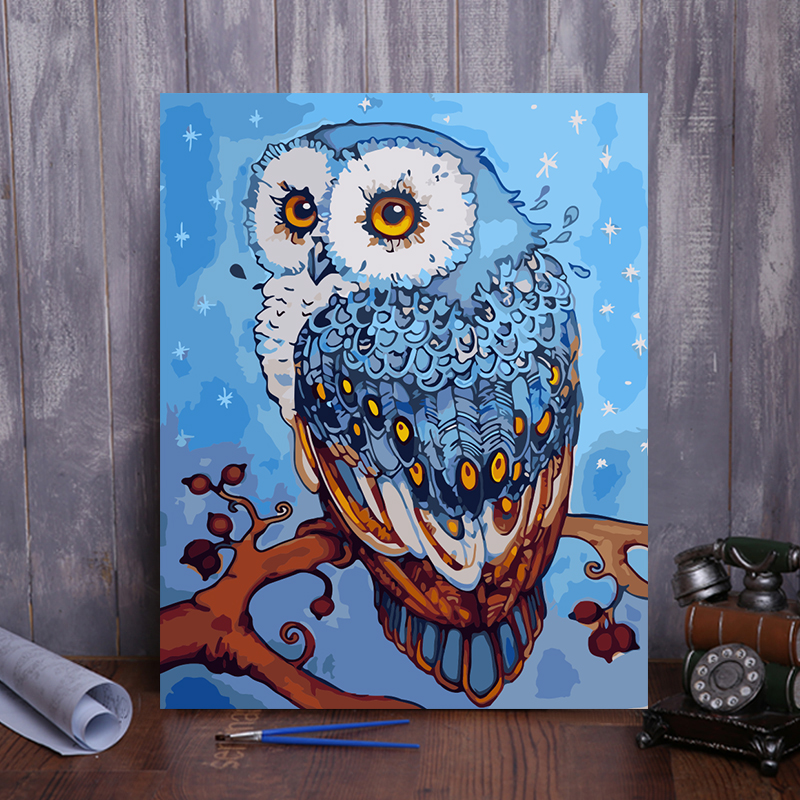 diy数字油画手绘大幅卡通动物自己填色卧室油彩客厅装饰画 猫头鹰图片