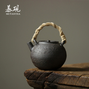 慕砚 纯手工粗陶茶具单壶铁胎家用功夫茶道泡茶壶 日式 藤编提梁壶