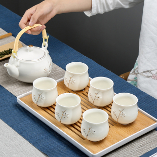 提梁壶茶具套装 家用简约茶托 德化描金白瓷 茶壶茶杯陶瓷功夫茶具