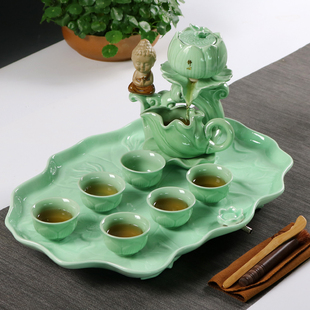 中式 家用青瓷莲花石磨半自动茶具套装 创意懒人泡茶器简约单层茶盘