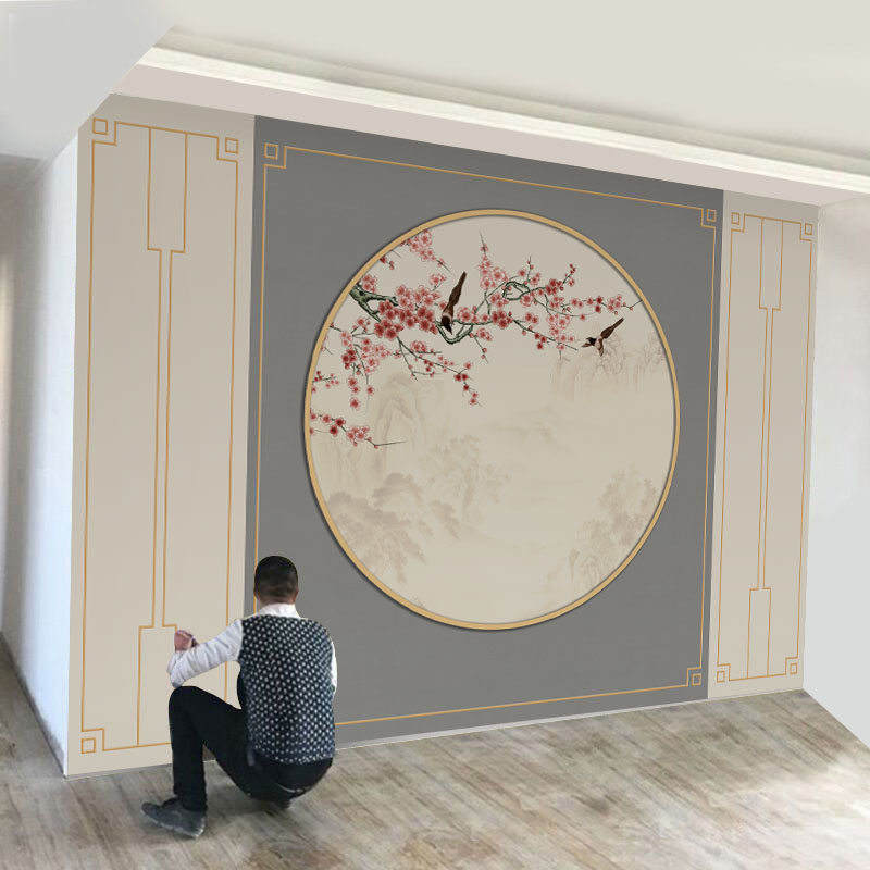8D新中式客厅电视背景墙壁纸古典花鸟背景墙墙布定制5d壁画3D墙纸