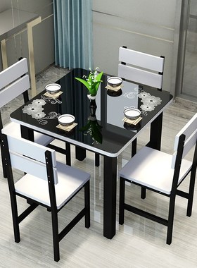 四人桌椅餐厅桌方桌子钢化玻璃桌家用方形客桌双人桌椅烤漆钢木桌