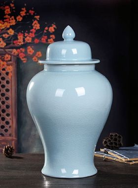 欧式中式蓝色裂纹陶瓷罐摆件现代简约带盖插花器花瓶装饰摆设创意