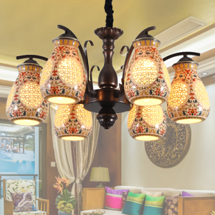 中式 客厅餐厅卧室书房吊灯6头吸吊两用 仿古陶瓷吊灯东南亚风格